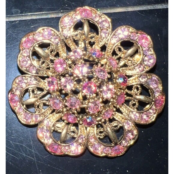 Flower Brooch Pin Rhinestone Round Layered Flowers Gold Vintage Pink - Picture 3 of 6